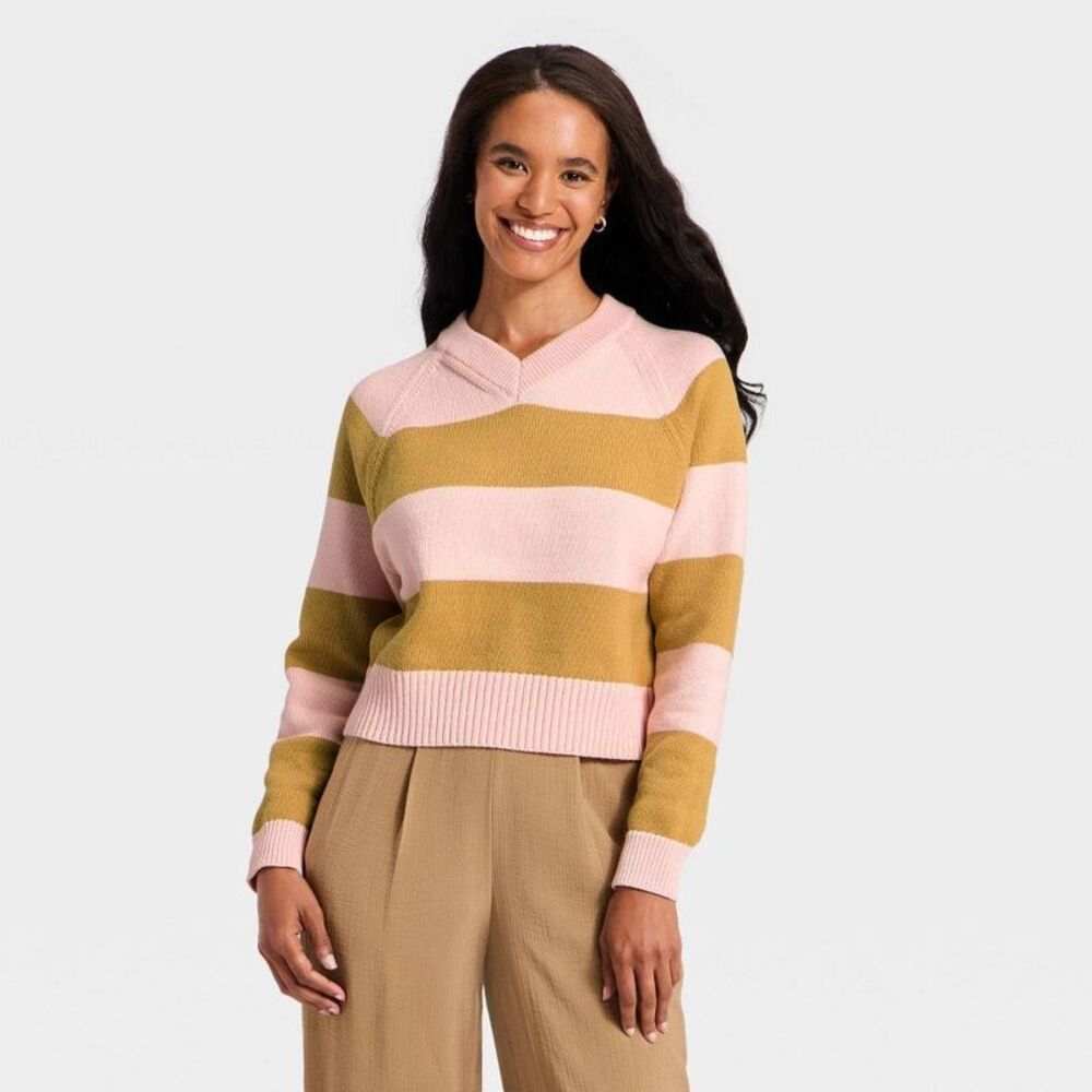 Women's Long Sleeve High V-Neck Pullover Sweater - A New Day Pink XS